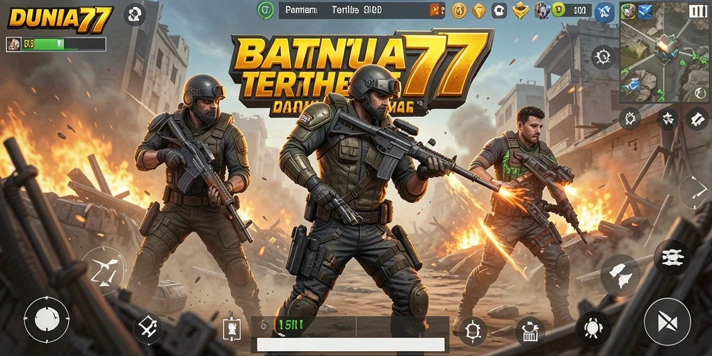 Screenshot DUNIA77 menampilkan aksi seru dalam pertempuran Battle Royale.