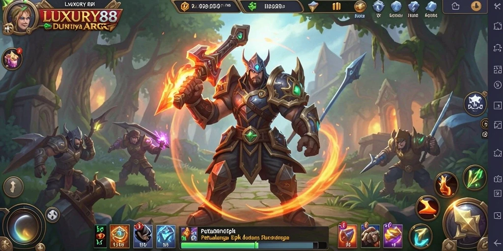 Tampilan gameplay LUXURY88 yang menampilkan aksi pertarungan di dunia fantasi.