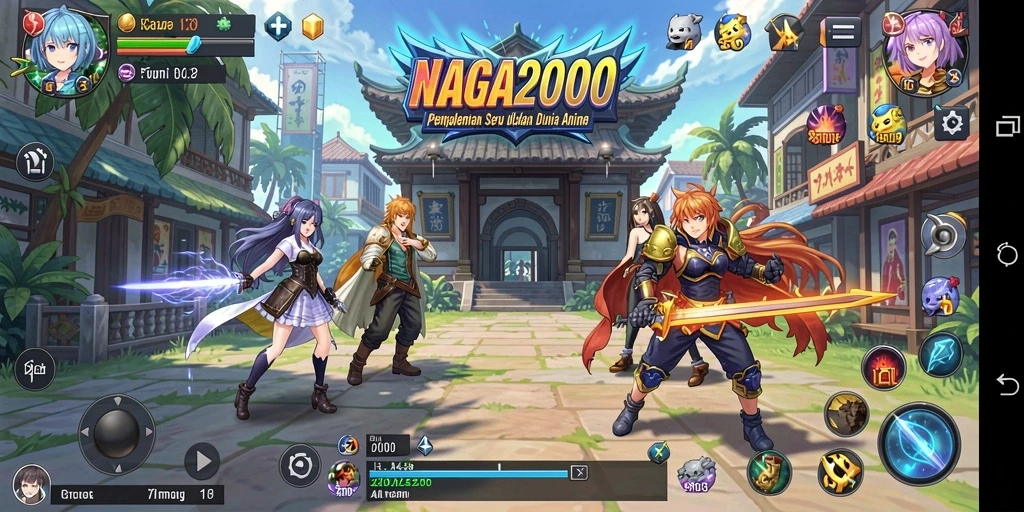 Screenshot utama NAGA2000 menampilkan aksi karakter Anime yang dinamis.