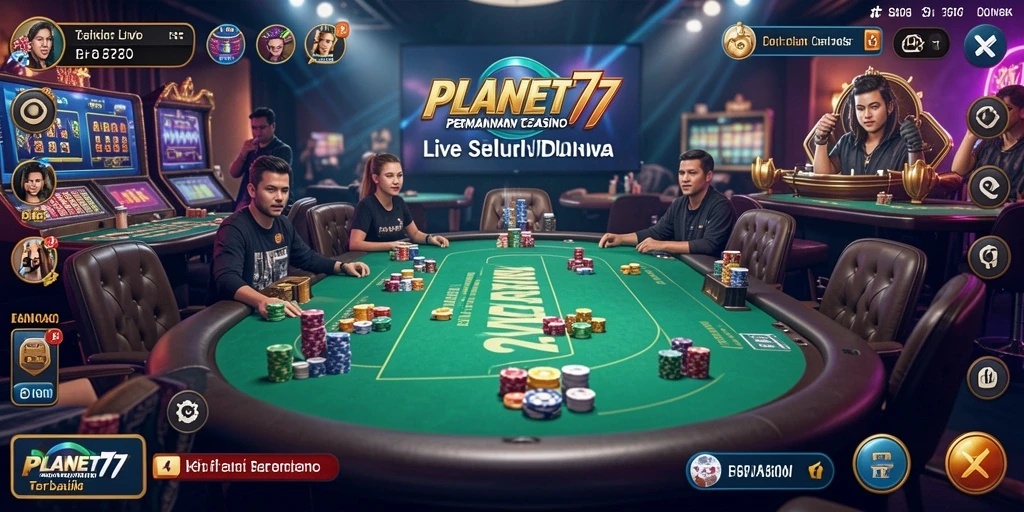 Screenshot dari gameplay Live Casino PLANET77 yang menampilkan dealer profesional dan suasana menyenangkan.