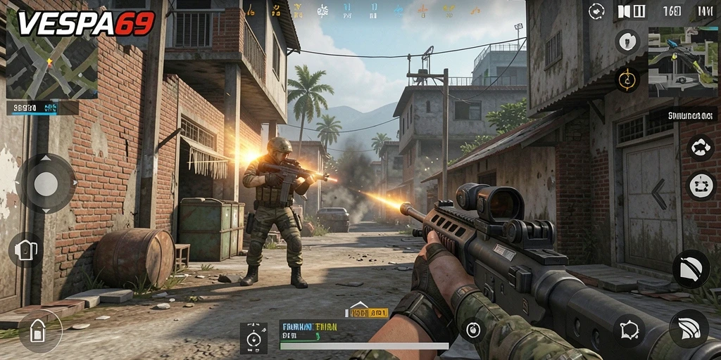 Gameplay intens dalam VESPA69 dengan aksi tembak-menembak yang mendebarkan.